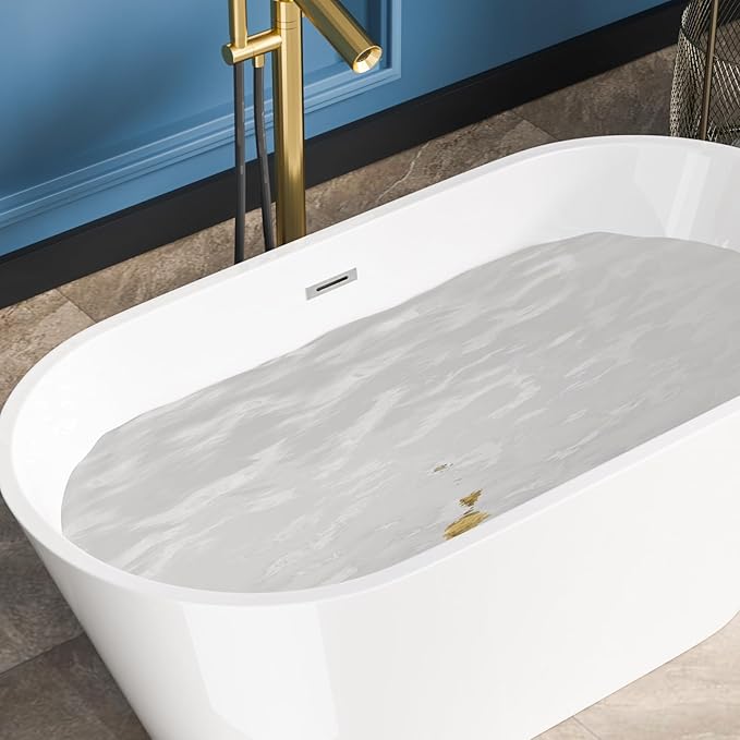 Sarlai 59 Inch Acrylic Freestanding Soaking Bathtub Contemporary Soaking White Tub Stand Alone Ergonomic Bathtub with Gold Drain