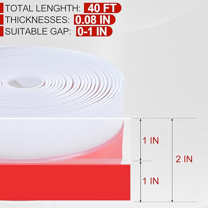 MYFAMIREA Door Weather Stripping 2IN (W) x 40FT (L) Door Draft Stopper Seal Tape Silicone Seal Strip Self Adhesive Shower Sweep Insulation Tape Side Bottom Strip for Sliding Glass Window Gap, Clear