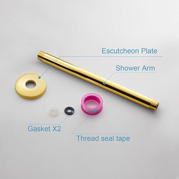 OFFO Shower Arm with Flange, Bright Gold 10 in Ceiling Mount Replacement Rain Shower Head Straight Arm Ceiling-Mounted For Fixed Shower Head & High Pressure Rain