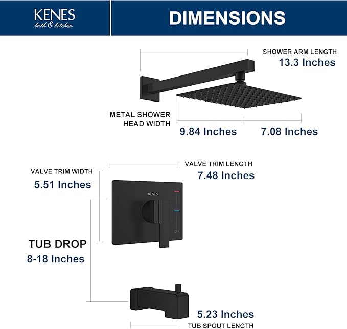 KENES Matte Black Tub Shower Faucet Set Complete with 10-Inch Rainfall Shower Head and Tub Spout, Square Tub and Shower Trim Kit, KE-6024A-2 (Shower Valve Included)