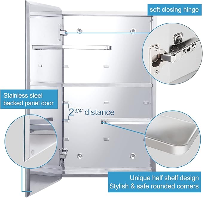 Fundin Bathroom Wall Cabinet with Half Cut Shelves,14.8 x 25.6 Stainless Steel Storage Cabinet, Bathroom/Living Room Medicine Cabinet