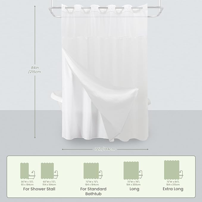 Inhousolu Extra Long No Hook Shower Curtain with Snap in Fabric Liner Set Waffle Weave 230GSM Weighted Hem, Waterproof & Washable Bathroom Curtain Spa Luxury with Mesh Top Window 72" W x 84" L White