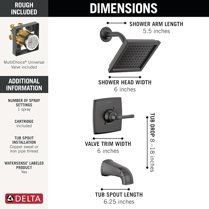 Delta Geist 14 Series Square Bathtub and Shower Faucet Set, Matte Black Shower Head and Handle Set, Valve Trim Kit, Matte Black 144864-BL (Valve Included)