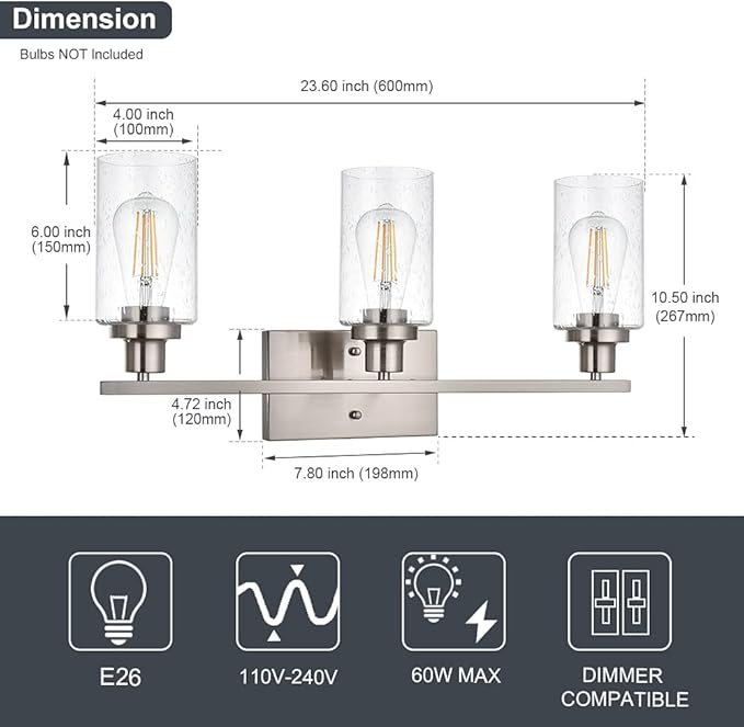 Bathroom Light Fixtures 3-Lights Seeded Glass in Brushed Nickel Finish, 23.6-Inches Vanity Lighting Bath Wall Mount Lamp for Kitchen Living Room Workshop