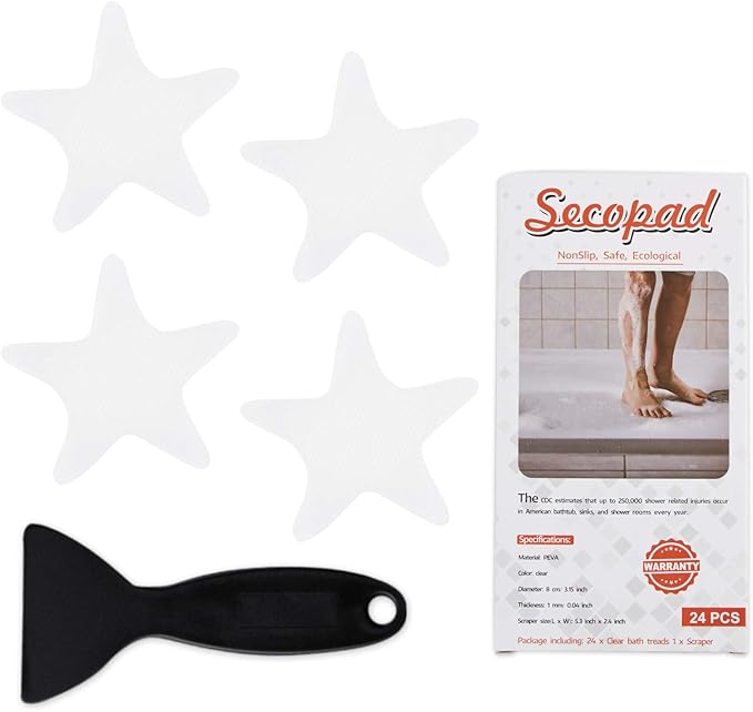 Anti Slip Shower Stickers 24 PCS Safety Bathtub Strips Adhesive Decals with Premium Scraper(Clear Star)