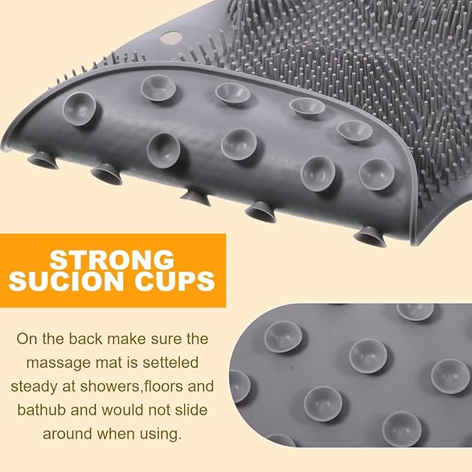 Shower Foot & Back Scrubber, Massage Pad with Suction Cups & Pumice Stone, Multi-Surface Silicone Bath Mat for Exfoliating and Massaging in Shower or Bathtub, 9.8x11.8 Inch (Blue)