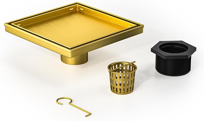 Square Shower Drain 8", Brushed Gold Floor Drain with Tiled Insert Grate & Hair Strainer, 304 Stainless Steel Bathroom 2-in-1 Tiled in Drain, CUPC Certified (Brushed Gold, 8'')
