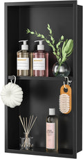 Stainless Steel Shower Niche w/Hooks, Wall Vertical Niche Without Tiling, Recessed Shower Shelf for Bathroom Storage, Over-Mount Installation (Black, 12'' x 24'')