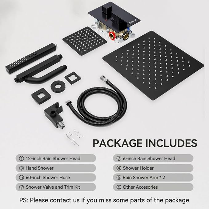 Shower Faucet Set, 12" Rain Shower System with Handheld and Ceiling Mount 6" Rainfall Shower Head, Can Use 2 Modes Together for Two People, 3 Way Shower Valve with 5 Diverter Complete, Matte Black