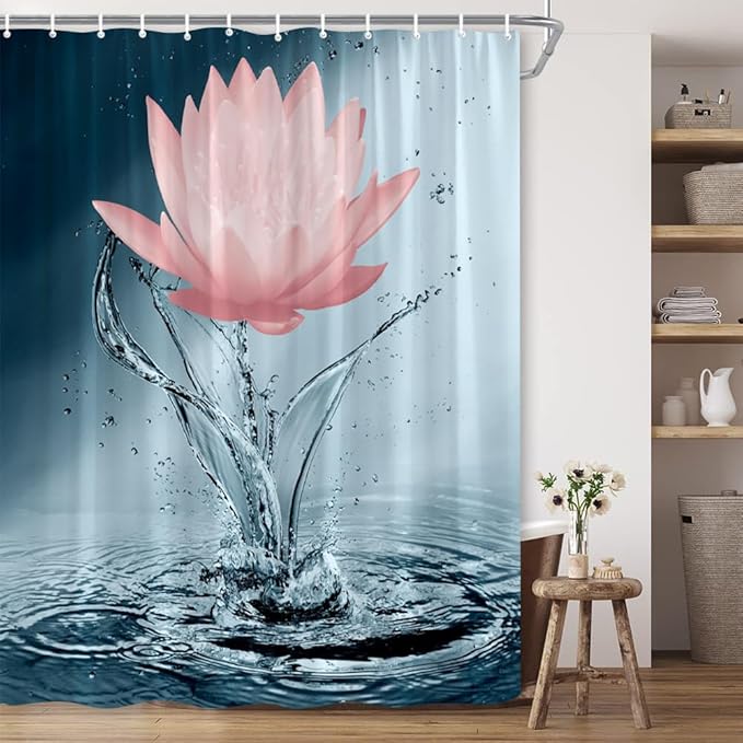 Lotus Shower Curtain Blue Red Flower Elegant Blooming Floral with Dew Spring Flower Reflection on Water Modern Romantic Polyester Fabric Bathroom Decor 70×70 Inch with Hook