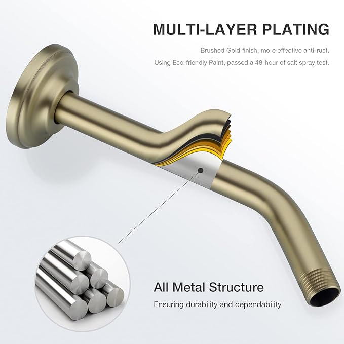 9 Inch Angled Shower Arm with Flange,Wall-Mounted Heavy Duty Stainless Steel, Shower Head Extension Extender Pipe Arm, For Fixed Bathroom Shower Head,Brushed Gold