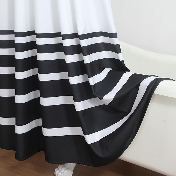 Extra Long White and Black Striped Shower Curtain 72x84 Inches, Waterproof Fabric with Modern Gradient Lines, 12 Rustproof Grommets & Weighted Hem