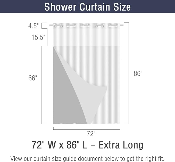 Gibelle Extra Long Shower Curtain 72x86, Waffle Weave Bathroom Shower Curtain with Snap-in Fabric Liner Set, No Hooks Needed, Hotel Style with Mesh Top Window, Black
