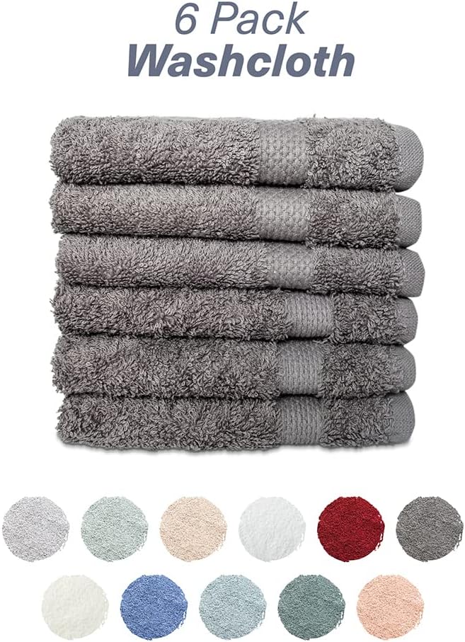 Hencely Premium 6-Pack Washcloths 12x12 Inches Soft Turkish Cotton High Absorbent and Quick Dry Dishtowel for Kitchen and Bath (Wash Cloth 6 Pack, Gray)