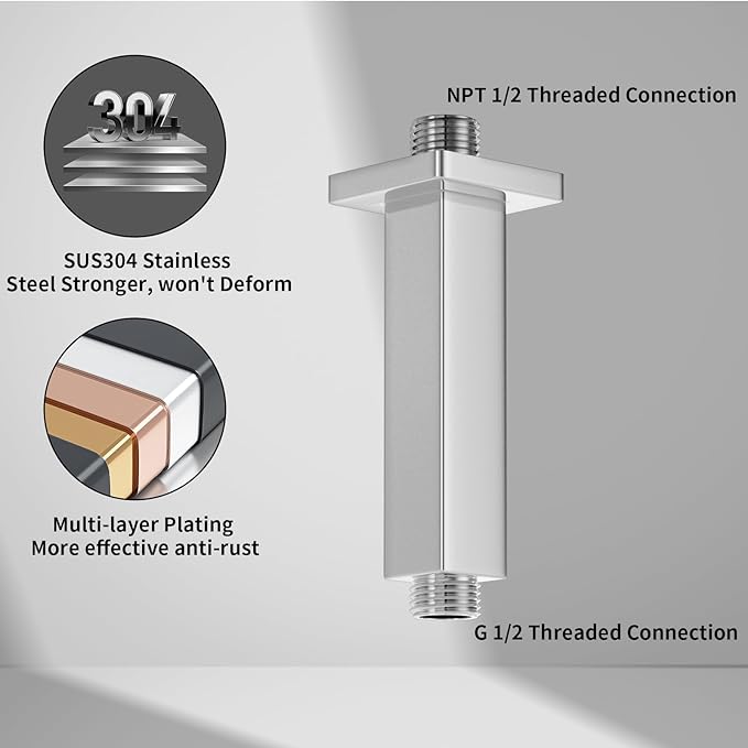 Chrome Shower Arm, 4 inch, Ceiling Mount Square Straight Shower Extension Arm with Flange