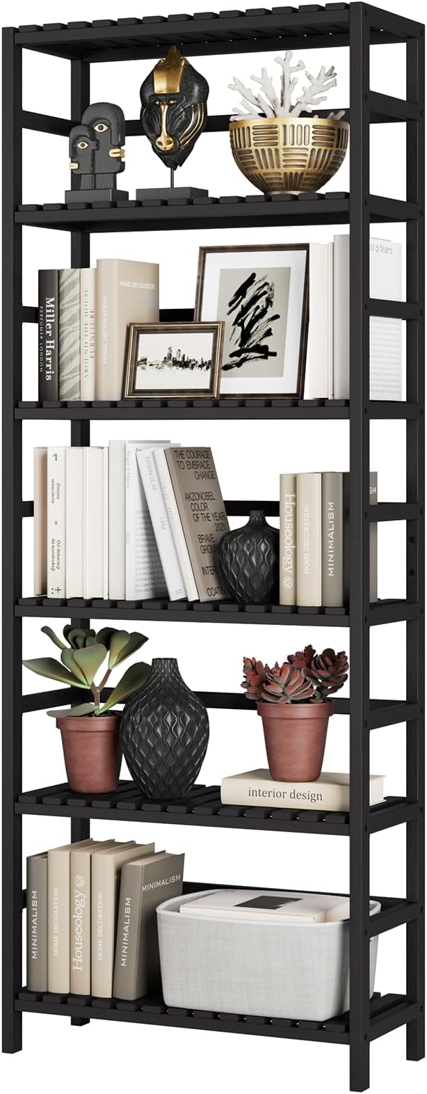 Bamjoy Bamboo Shelf, 6-Tier Bookshelf Adjustable Storage Shelves, Tall Shelving Unit Plant Stand, Storage Rack for Bathroom Home Office Living Room Kitchen, 23.6W x 10.2D x 63.4H Black