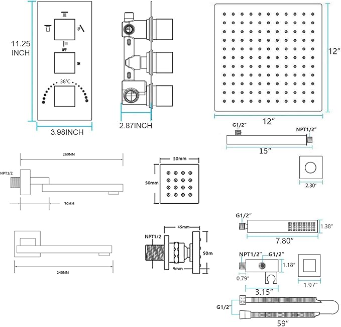 Thermostatic Shower System Chrome Shower Faucet Set 4 Way Bathtub Shower System with 12 inch LED Shower Head,6 PCS Body Jets,Tub Spout,Handheld Shower Head