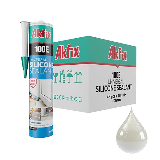 Akfix 100E RTV Clear Silicone Caulk (48x10.1 fl.oz.) - 100% Waterproof Silicone Sealant for Kitchen and Bathroom, Shower, Toilet, Sink, Window and Door, No Yellowing | Clear, 48 Pack