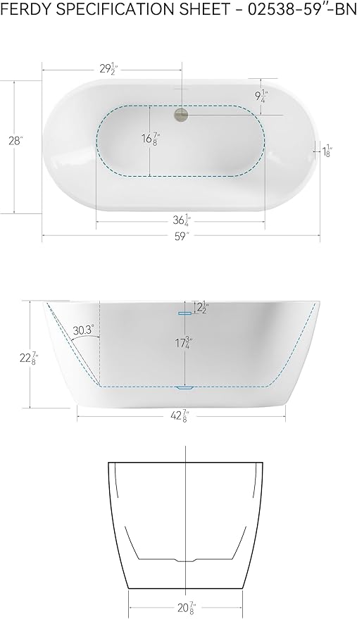 FerdY Nauru 59" Acrylic Freestanding Bathtub, Gracefully Shaped Freestanding Soaking Bathtub with Brushed Nickel Drain & Minimalist Linear Design Overflow, Glossy White, cUPC Certified