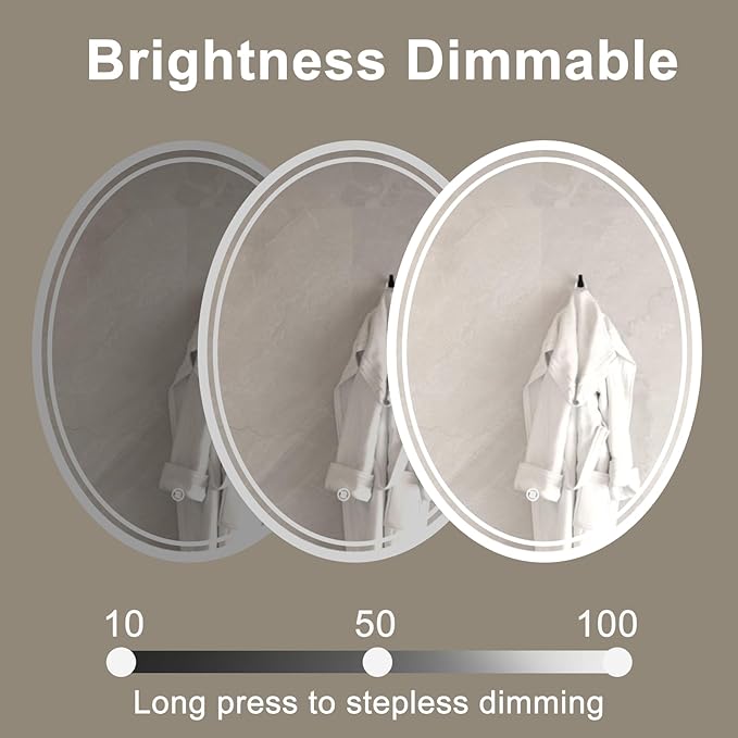 36 X 28 Inch Oval LED Bathroom Mirror Anti-Fog Wall Mounted Lighted Bathroom Vanity Mirror Smart Makeup Mirror 3 Colors Light Dimmable Touch Switch