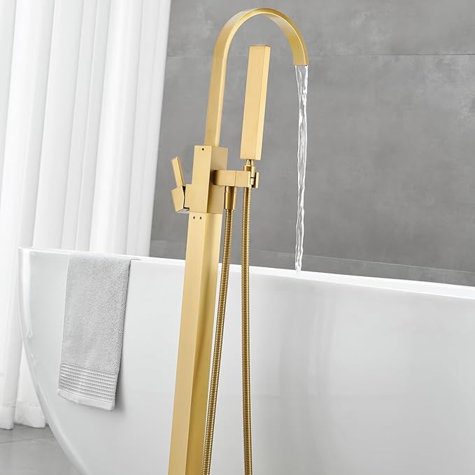 Freestanding Bathtub Faucet Floor Mount Tub Filler Brushed Gold Brass Bathroom Faucets Single Handle with Hand Shower