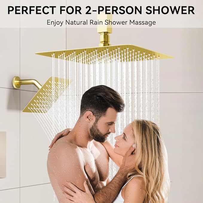 Brushed Gold Shower System, STARBATH Ceiling Mount Shower Set 12+6'' Wall Mount Rainfall Showerhead with Handheld 2 Functions High-Pressure Spray, Dual Rain Shower Faucet Set with Valve Complete