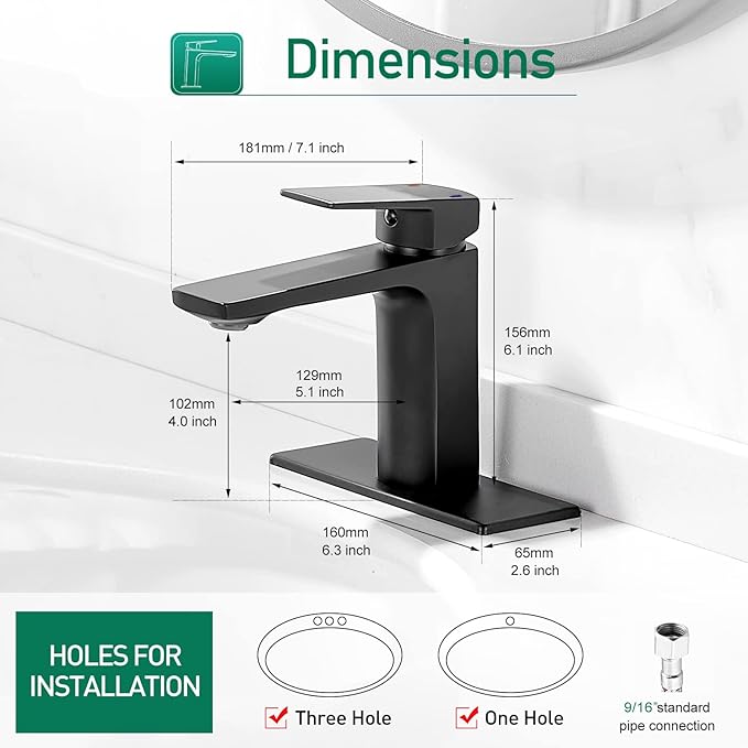 VOTON Matte Black Bathroom Faucet 1 Hole, Single Handle Bathroom Sink Faucets for 1 or 3 Hole with Supply Deck Plate and Hose, Basin, Rv, Lavatory Sink
