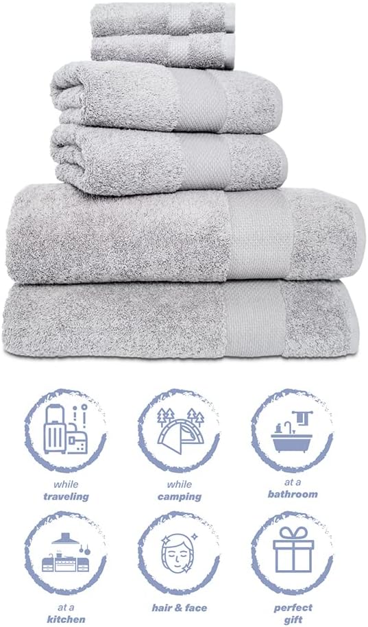 Hencely 6-Piece Bath Towel Set - High Absorbency, Quick Drying - 100% Soft Turkish Cotton - 2 Bath Towels, 2 Hand Towels, 2 Washcloths - for Bathroom, Home, Hotel, Spa, and Gym - 6-Pack Silver