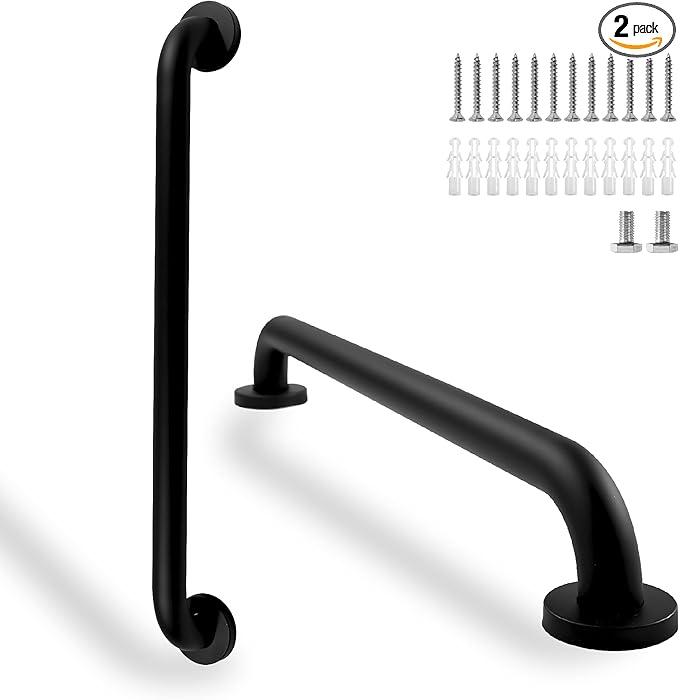 Shower Grab Bar, 2 Pack 24 Inch Black Bathroom Grab Bar, 1.25" Diameter Stainless Steel Grab Bars for Bathtubs and Showers, Handicap Shower Grab Bar for Seniors Elderly