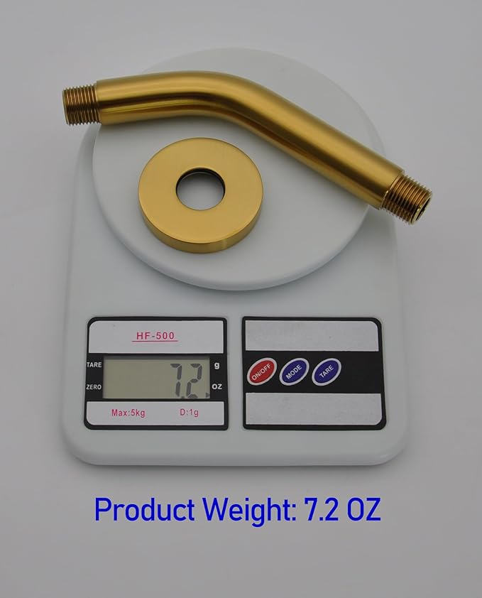 Aquaiaw Shower Arm and O-Ring Flange, 6 inch, Solid Brass, Round, Both Soldered 1/2 NPT Tapered Threads, Wall Mount Shower Arm Extension with Escutcheon, for Rain Shower Head (Matte Brushed Gold)