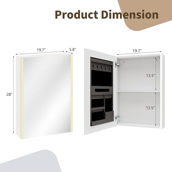 Lighted Bathroom Medicine Cabinet with Mirror，20 x 28 Inch Wall-Mounted Bathroom Wall Cabinet with Storage, LED Lights, Adjustable Shelves,White