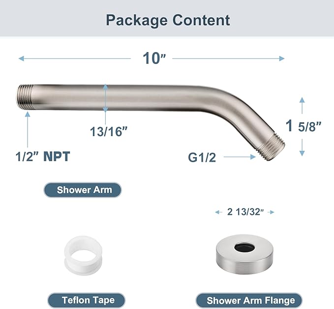 BRIGHT SHOWERS Shower Arm with Flange 10 Inches Solid Brass Shower Head Extension Arm, Wall Mounted Shower Pipe Arm for Rainfall Shower Head and Handheld Showerhead, Brushed Nickel