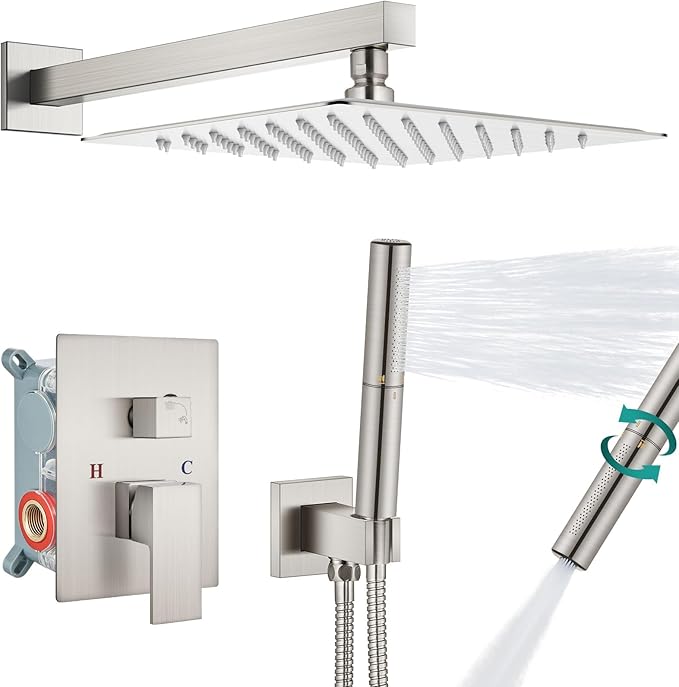 Aolemi Shower System with Rainfall Shower Head and Handheld Wall Mount,High Pressure Shower Faucet Set Fixture Combo with 2 in 1 Handheld Spray Rough-in Valve,12 Inch Shower Head Brushed Nickel