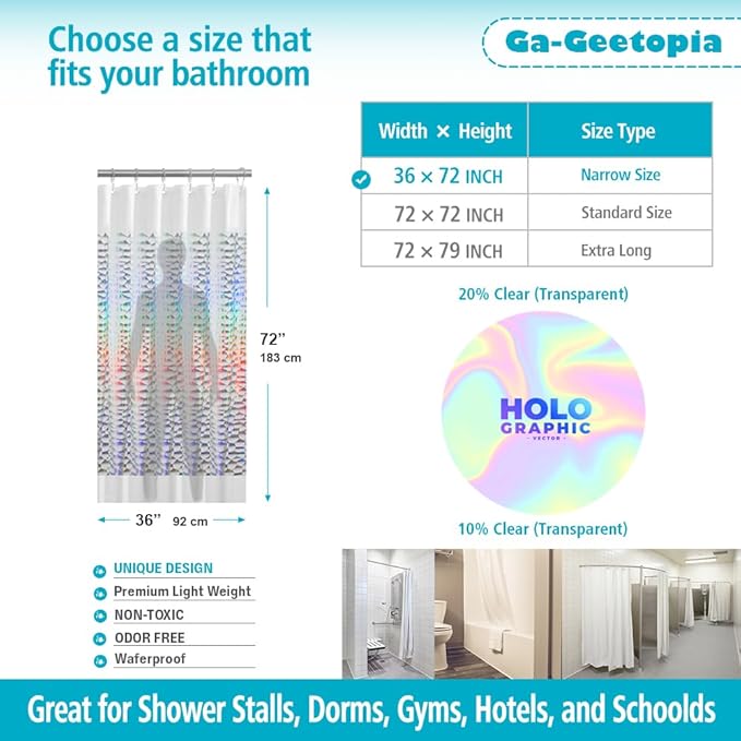 Ga-Geetopia Holographic Narrow Size 3D EVA Shower Curtain Liner Water Cube, 36x72 Premium Light Weight Plastic Bathroom Shower Curtain with Rustproof Metal Grommets