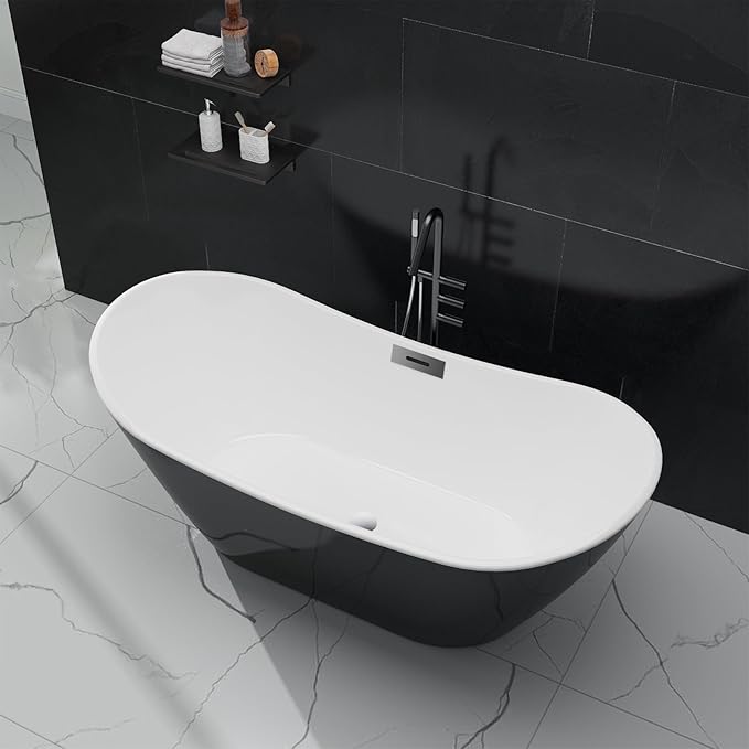 67" Deep Soaking Bathtub, Non-Slip Acrylic Tub with Chrome Drain, CUPC Certified, Ergonomic Modern Bath for Bathrooms, Easy-Install, Black Ingot