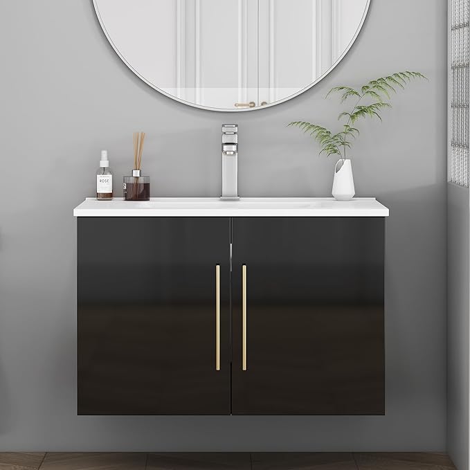 30" Wall Mounted Bathroom Vanity with Sink, High Gloss Black Floating Cabinet, Modern Gold Handles, Soft Close Doors, Integrated Ceramic Top for Powder Room