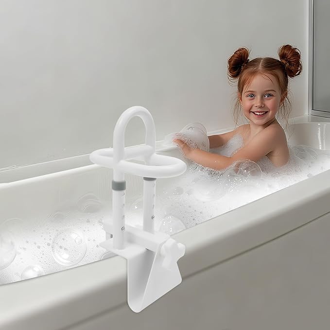 Adjustable Bathtub Handle for Elderly, 300lb Capacity Clamp-On Tub Grab Bar with Non-Slip Grip, Safety Rail Triple Handle for 3.5"–6.7" Tub Walls