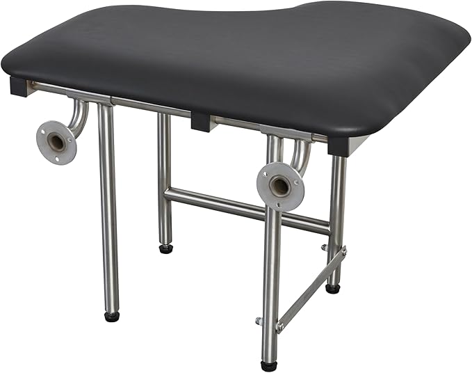 32" x 22.5" Black Padded Wall Mount Folding Right-Handed Transfer Bench Shower Seat with Legs, ADA Compliant