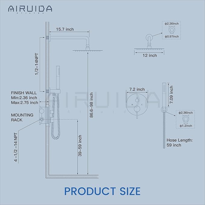 Airuida Shower Fixtures 2 Functions Shower Faucet Set Wall Mounted for Bathroom High Pressure Brass Handheld Shower with Rough-in Valve Round Rainfall 12 Inch Shower Head Brushed Nickel