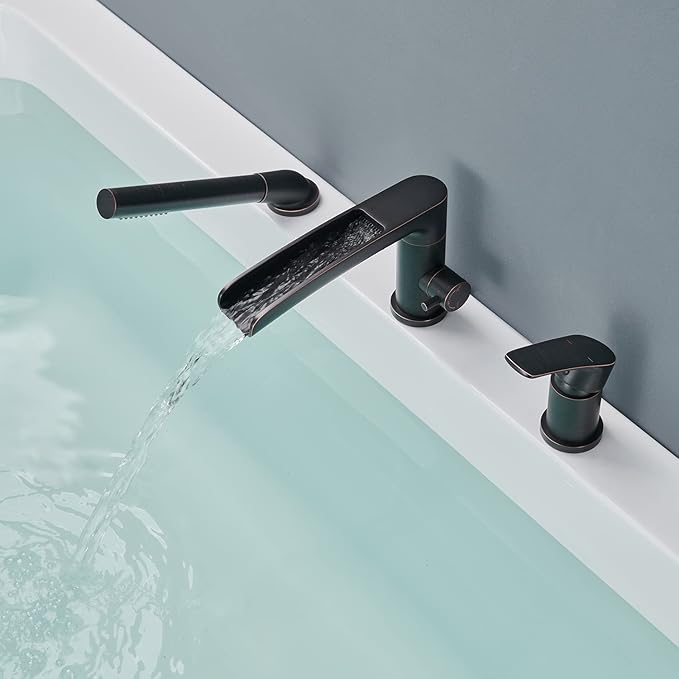 Waterfall Roman Tub Faucet Oil Rubbed Bronze Deck Mount Bathtub Faucets Brass Tub Filler Bathroom Faucets with Hand Shower
