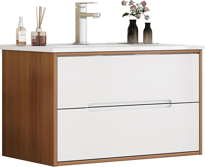 32" Wall Mounted Bathroom Vanity with Sink, Modern Floating Cabinet, Two-Tone Walnut & White Finish, 2 Soft Close Drawers, Handleless Design, Integrated Ceramic Top
