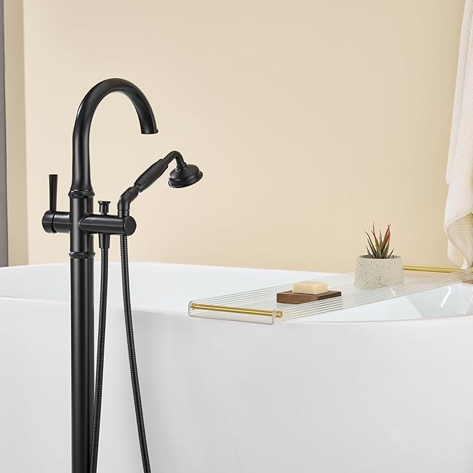 Freestanding Bathtub Faucet Black Free Standing Tub Filler Brass Bathtub Faucets Floor Mounted Bathroom Tub Faucet with Hand Shower