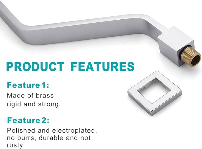 16 Inch S Shape Chrome Shower Head Arm, Square Wall Mounted Shower Arm and Flange Included