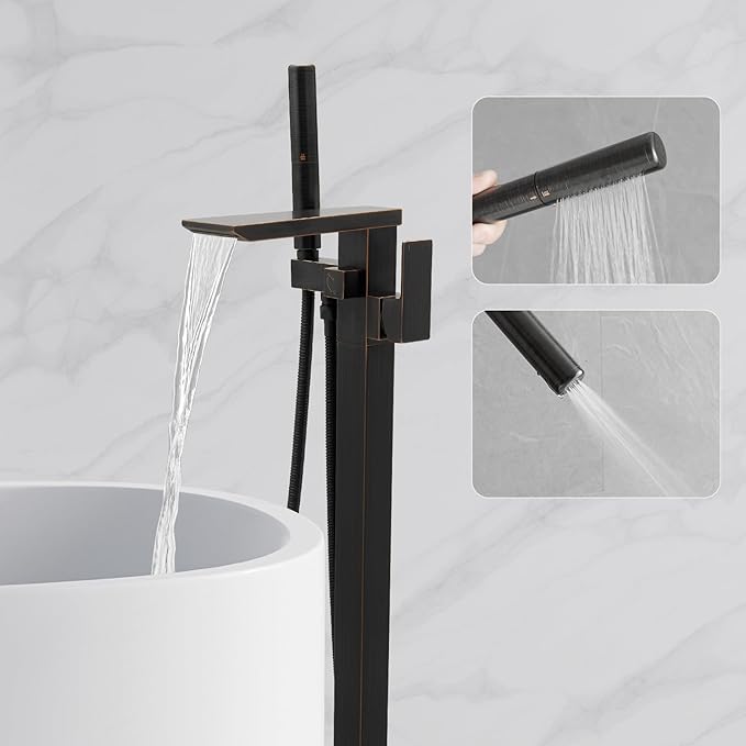 RUMOSE Oil Rubbed Bronze Bathtub Filler Freestanding Tub Filler Floor Mount Tub Faucet Waterfall Bathtub Faucet with CUPC Certified High Flow Brass Bath Shower Faucets with Handheld Sprayer