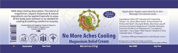 Taspen's Organics Magnesium No More Aches Cooling Cream - Muscle Relief- Sore Muscles & Post-Workout Recovery - Natural Comfort for Tension & Cramps - Made in USA (4 oz)