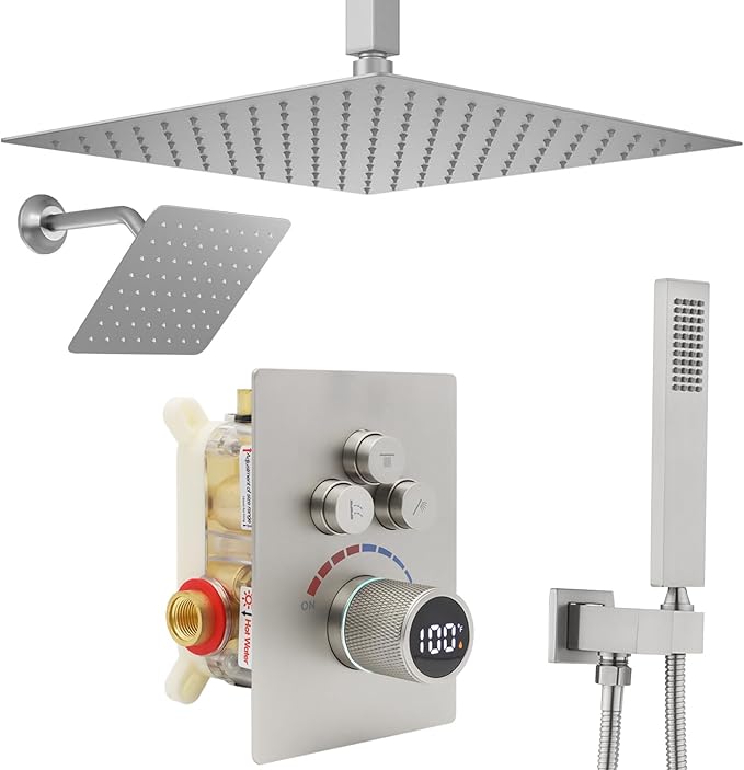 Shower System 12 Inches & 6 Inches Rainfall Shower Head System for Bathroom 3 Function Shower System Set Shower Faucet Concealed Installation Valve（Brushed Nickel）