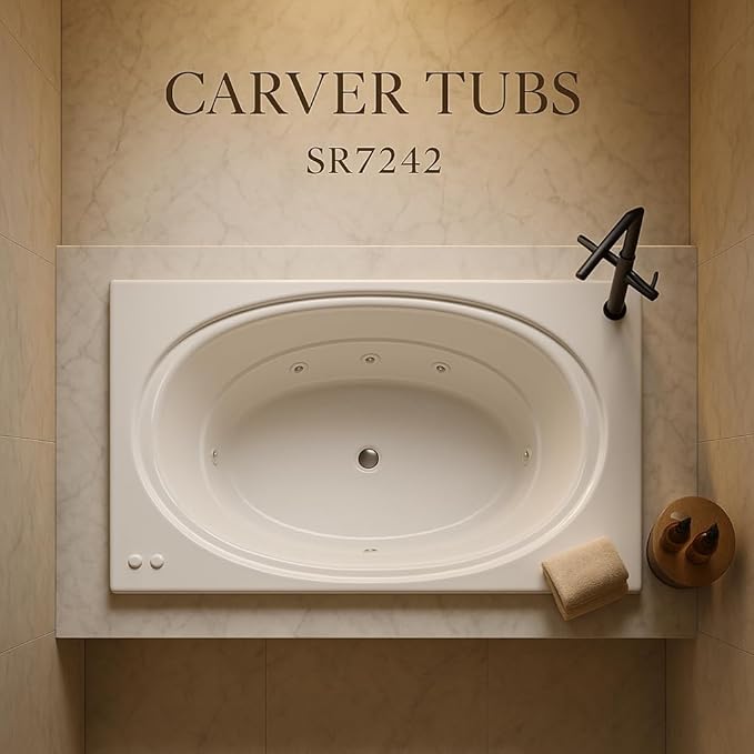 Carver Tubs - SR7242 - Modern Acrylic Fiberglass Whirlpool Water Massage Bathtub, 12 Jet w/Heater - White Acrylic Rectangle Bath Tub - Deep Relaxing Soak - 71"L x 48"W x 19.5"H