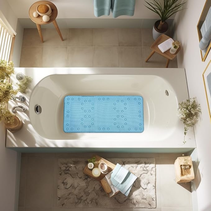 Double Layer Foam Non Slip Bathtub Mat 37x17in, More Comfortable and Thicker Tub Mat Than Ordinary Foam Shower Mat, Bath Mat for Tub with Suction for Comfort and Safety (Blue, 36'' x 17'')