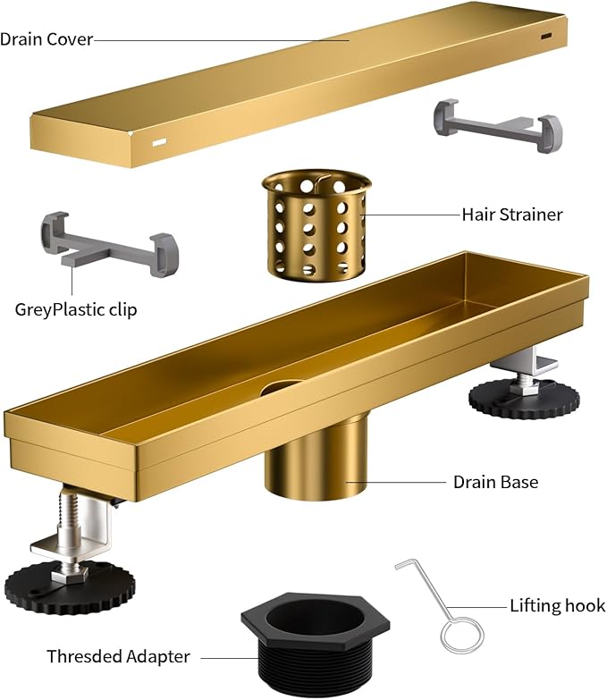 Linear Shower Drain, 304 Stainless Steel with Adjustable Leveling Feet, Hair Strainer,Reversely Install Place to Create an Invisible Floor Drain - Gold -12-Inch