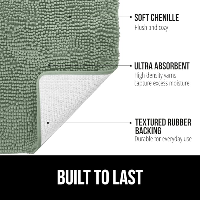 GORILLA GRIP Bath Rug Mat, Soft Absorbent Chenille, Quick Dry Microfiber Mats, Rubber Backing Washable Shower Floor Rugs, Bathmat Runner, US Designed Bathroom Home Decor Accessories 24x17 Sage Green